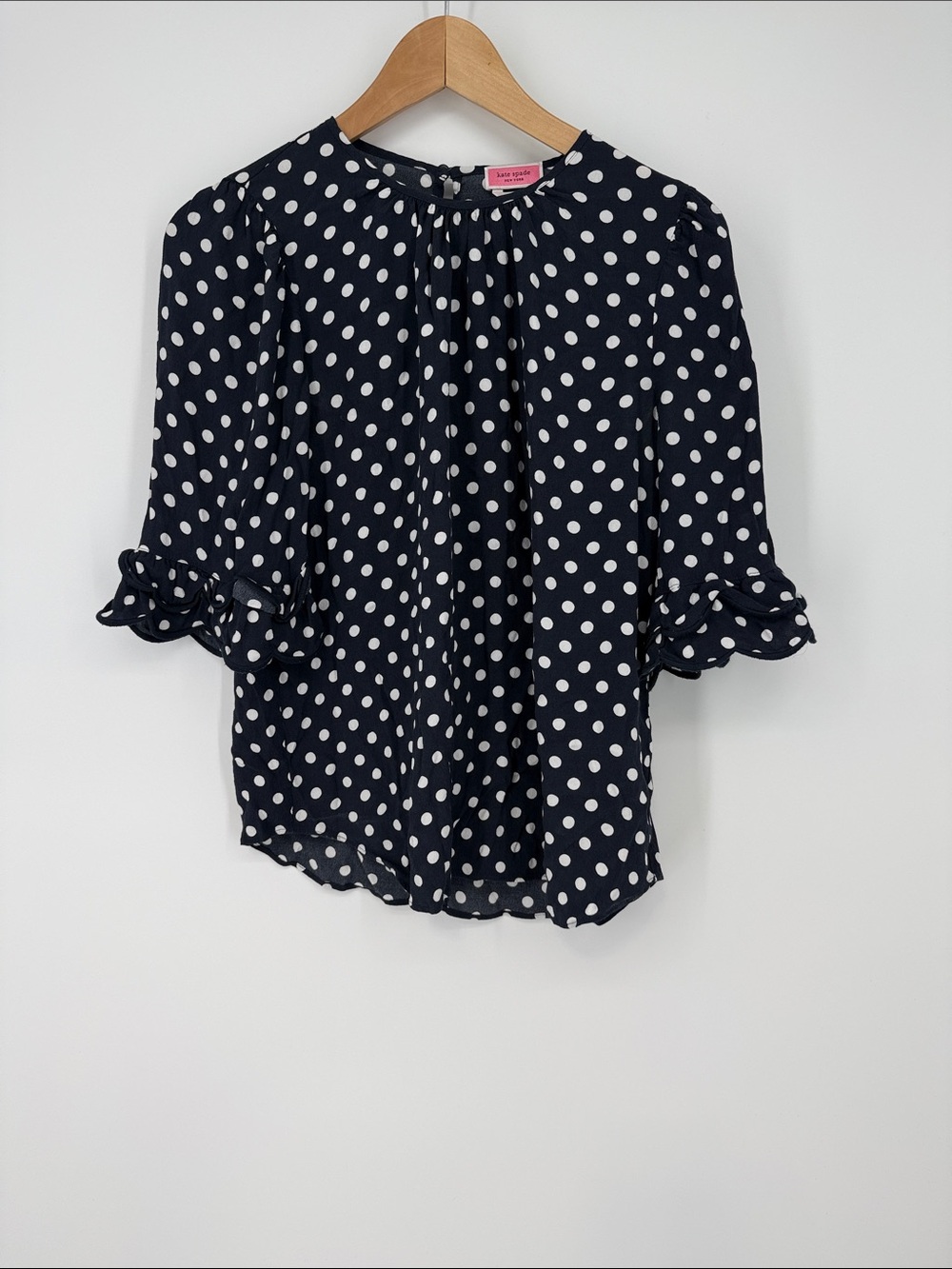 Kate Spade Navy Polka Dot Ruffle Sleeve Blouse Size Small